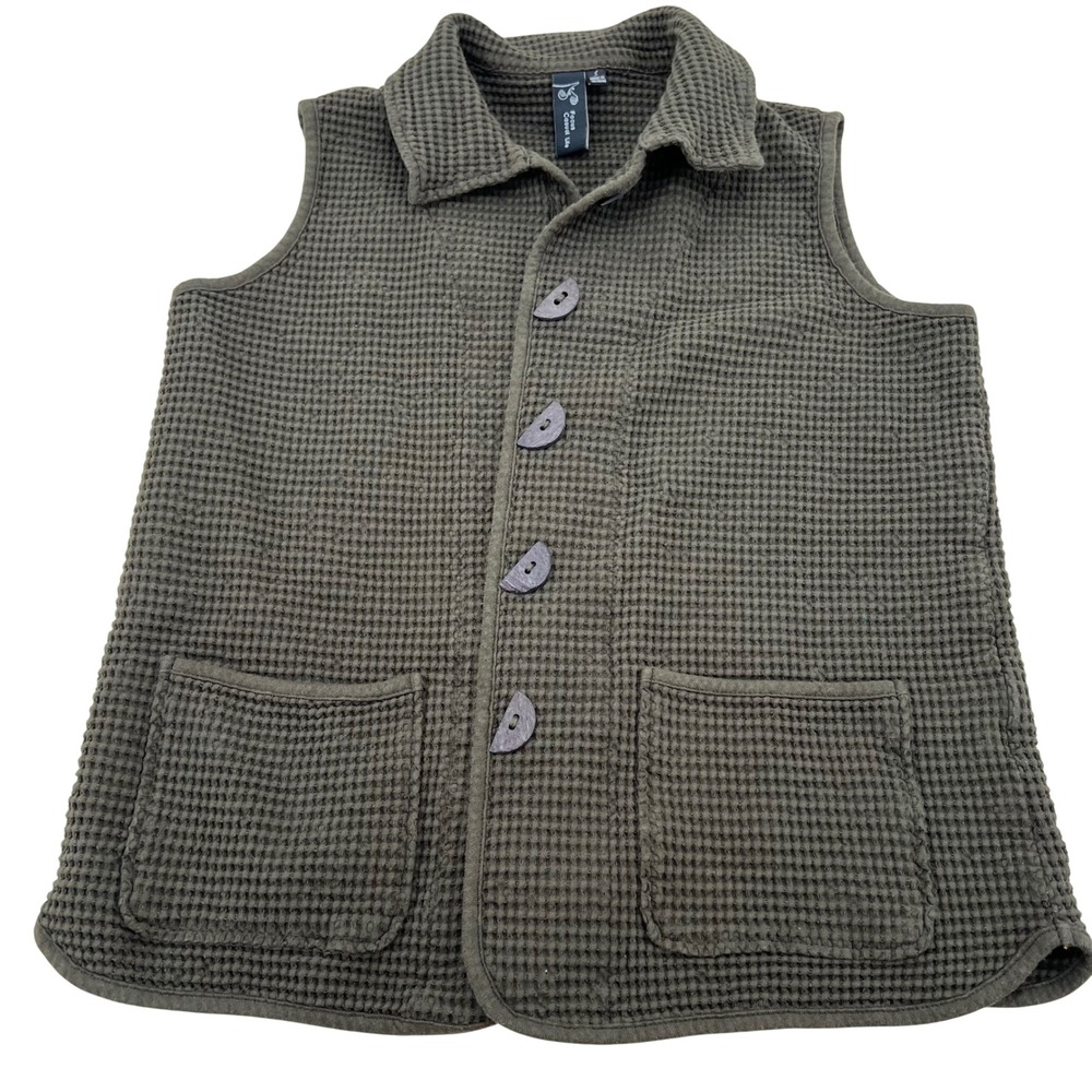 Focus Casual Life Womens Olive Green Waffle Knit Cotton Toggle Button Vest Small